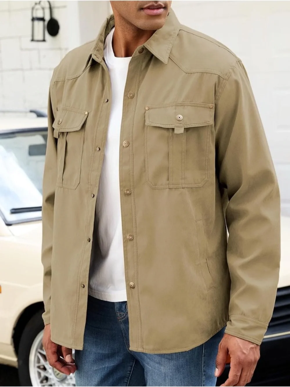 Mens Flannel Linend Shirts Jacket Lightweight Plaid Jackets Snap Button M-Khaki